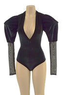 Black Velvet Siren Romper with Plunging V neckline & Victoria Sleeves - Coquetry Clothing