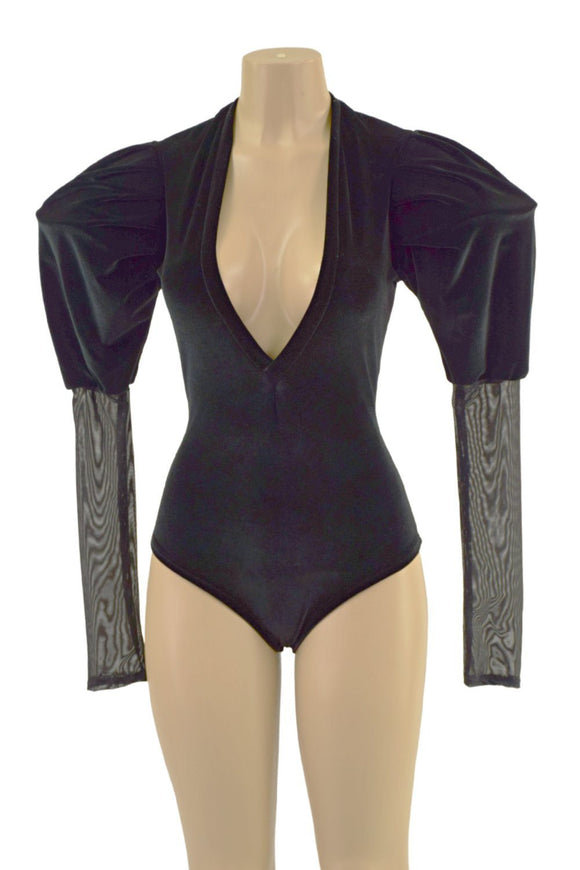 Black Velvet Siren Romper with Plunging V neckline & Victoria Sleeves - Coquetry Clothing