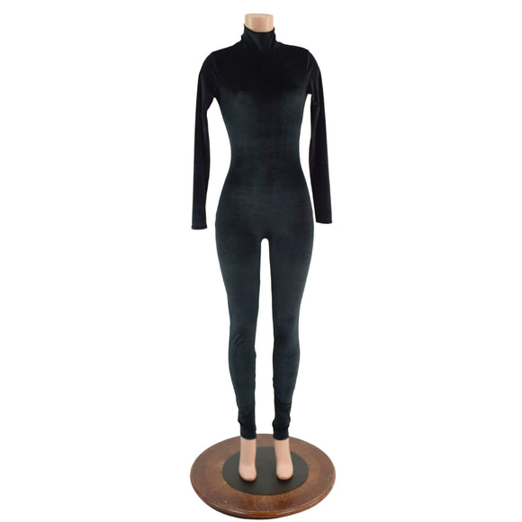 Black Velvet Turtleneck Catsuit with Back Zipper - Coquetry Clothing