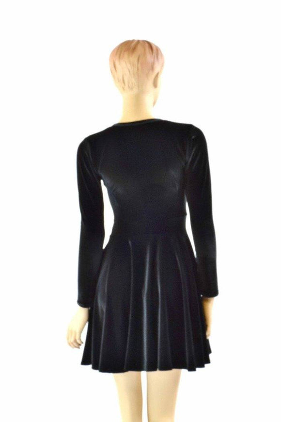Black Velvet V neck Skater Dress - Coquetry Clothing