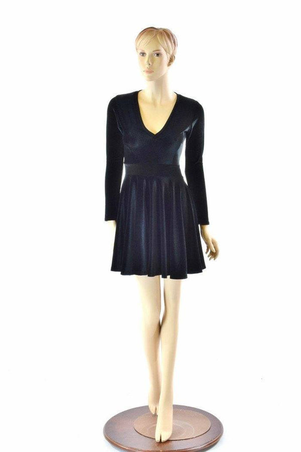 Black Velvet V neck Skater Dress - 2