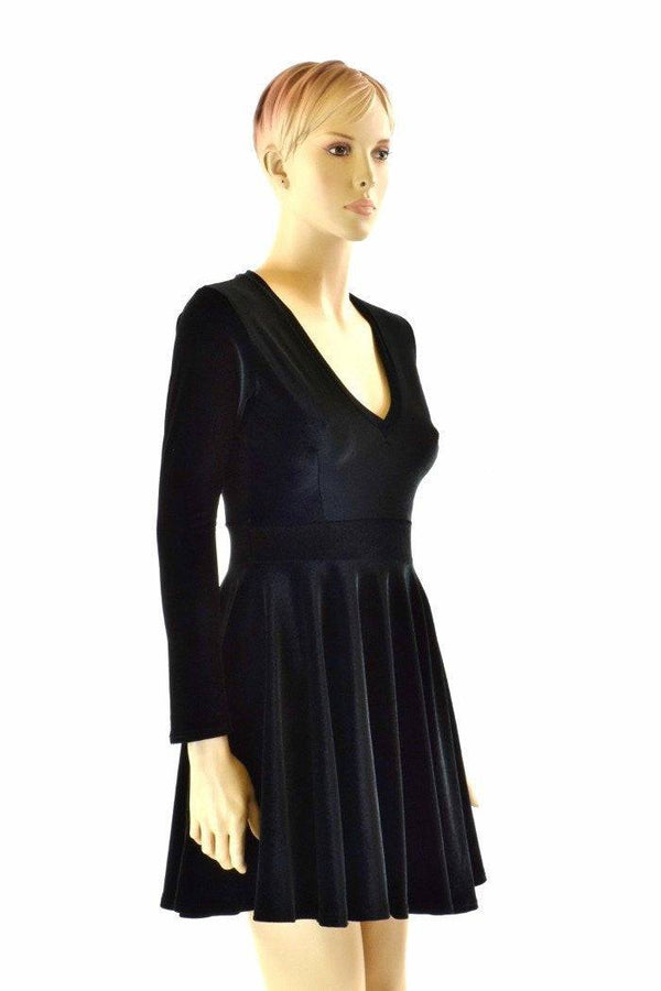 Black Velvet V neck Skater Dress - 3