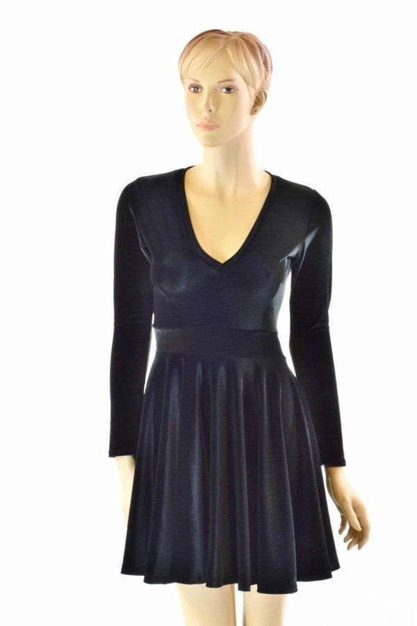 Black Velvet V neck Skater Dress - 5