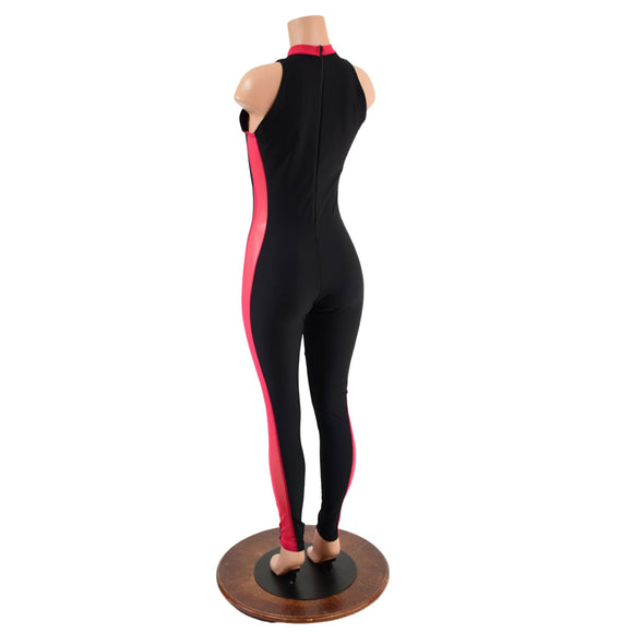Black Zen Catsuit with Red Mesh Side Panels - Coquetry Clothing