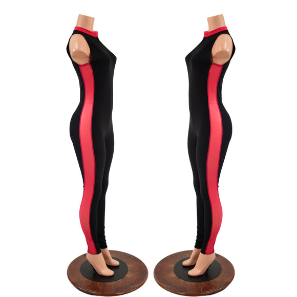 Black Zen Catsuit with Red Mesh Side Panels - Coquetry Clothing