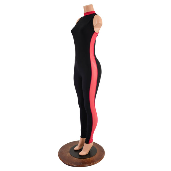 Black Zen Catsuit with Red Mesh Side Panels - Coquetry Clothing