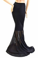 Black Zen Mermaid Skirt, Sheer Mesh Puddle Train - Coquetry Clothing