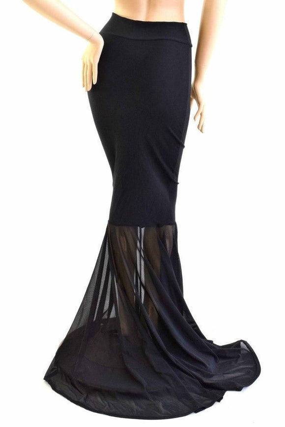 Black Zen Mermaid Skirt, Sheer Mesh Puddle Train - Coquetry Clothing