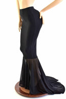 Black Zen Mermaid Skirt, Sheer Mesh Puddle Train - Coquetry Clothing