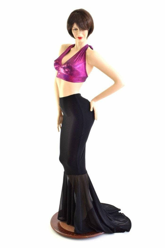 Black Zen Mermaid Skirt, Sheer Mesh Puddle Train - Coquetry Clothing