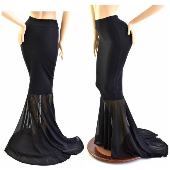 Black Zen Mermaid Skirt, Sheer Mesh Puddle Train - Coquetry Clothing