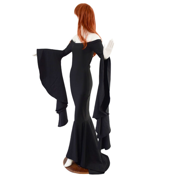 Black Zen Morticia Gown with Off Shoulder Neckline & Sorceress Sleeves - Coquetry Clothing