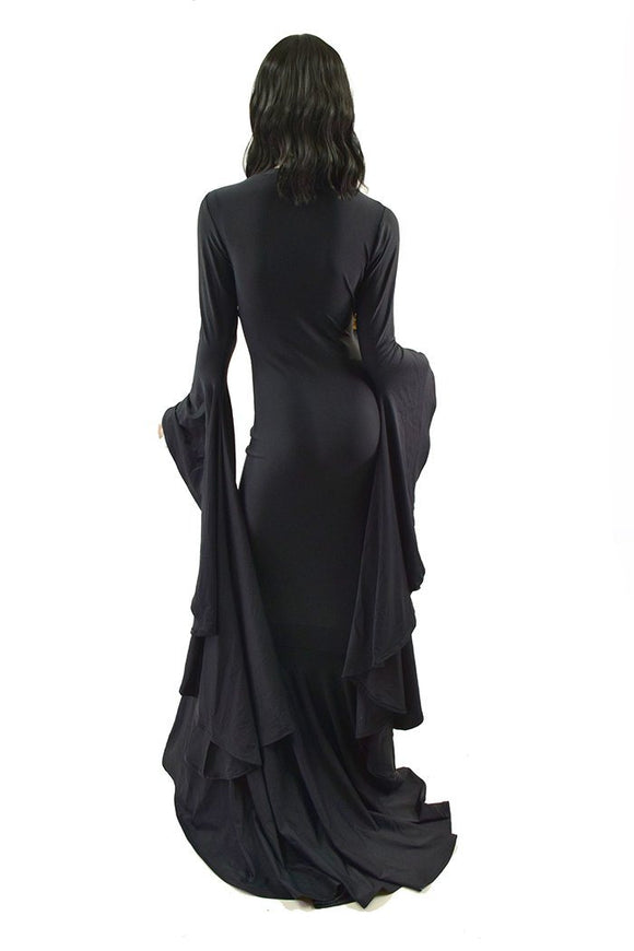 Black Zen Morticia Gown with V Neckline & Sorceress Sleeves - Coquetry Clothing