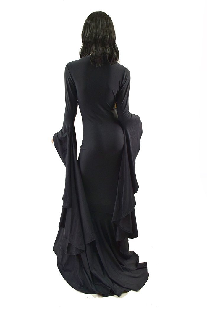 morticia black dress Black Zen Morticia Gown with V Neckline & Sorceress Sleeves