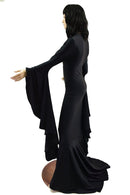 Black Zen Morticia Gown with V Neckline & Sorceress Sleeves - Coquetry Clothing