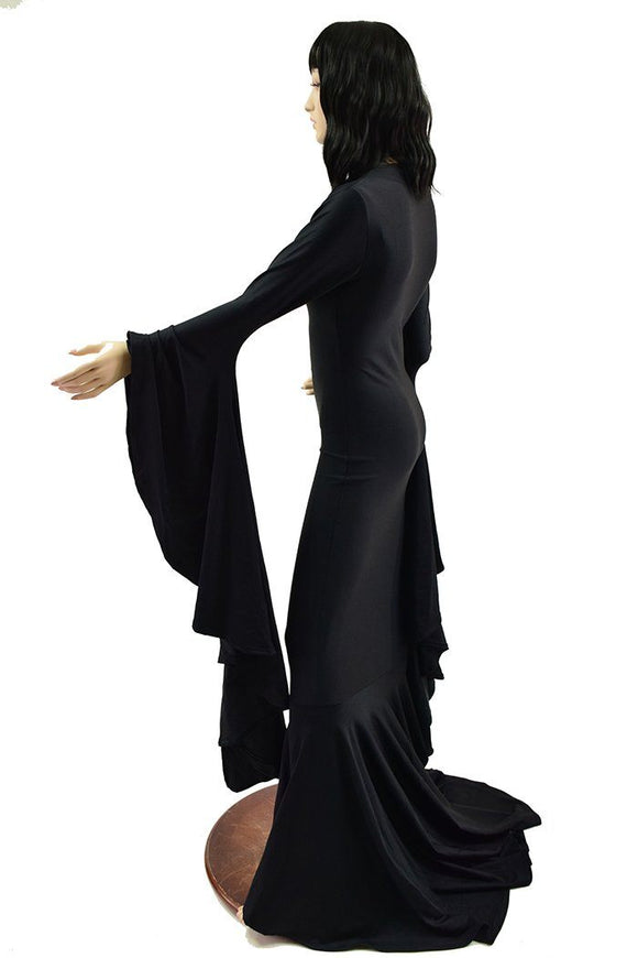 Black Zen Morticia Gown with V Neckline & Sorceress Sleeves - Coquetry Clothing