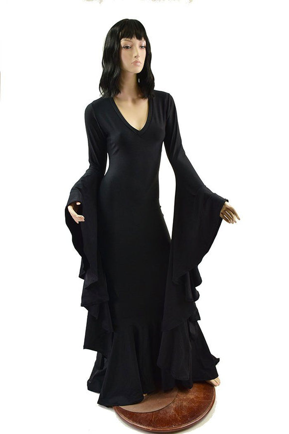 Black Zen Morticia Gown with V Neckline & Sorceress Sleeves - Coquetry Clothing