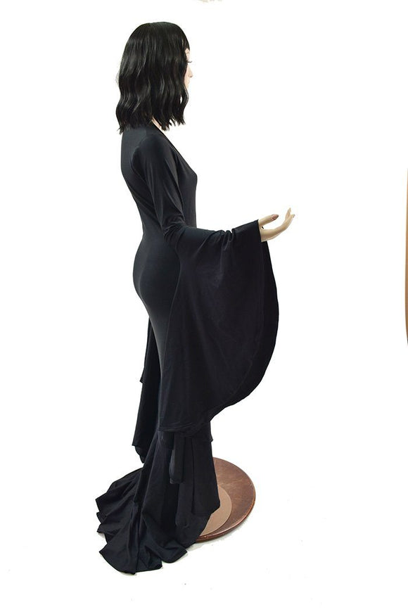 Black Zen Morticia Gown with V Neckline & Sorceress Sleeves - Coquetry Clothing