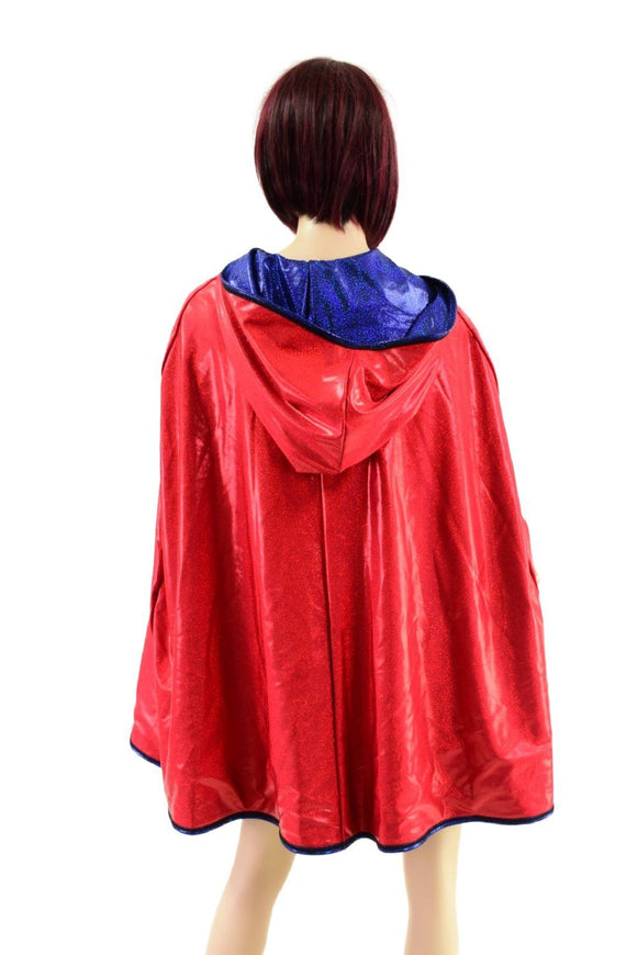 Blue and Red Sparkly Jewel Reversible 35" Hooded Cape - Coquetry Clothing