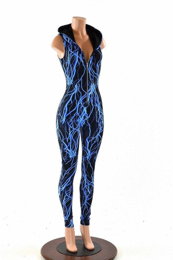 Blue Lightning Zipper Hoodie Catsuit - Coquetry Clothing