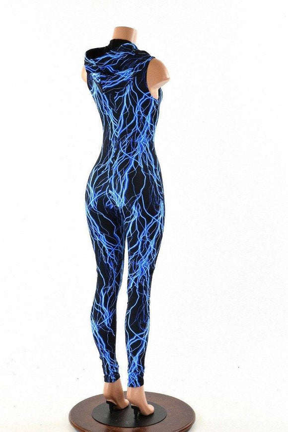 Blue Lightning Zipper Hoodie Catsuit - Coquetry Clothing