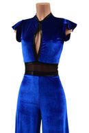 Blue Velvet Wide Leg Jumpsuit with Mesh Waist Panel - Coquetry Clothing