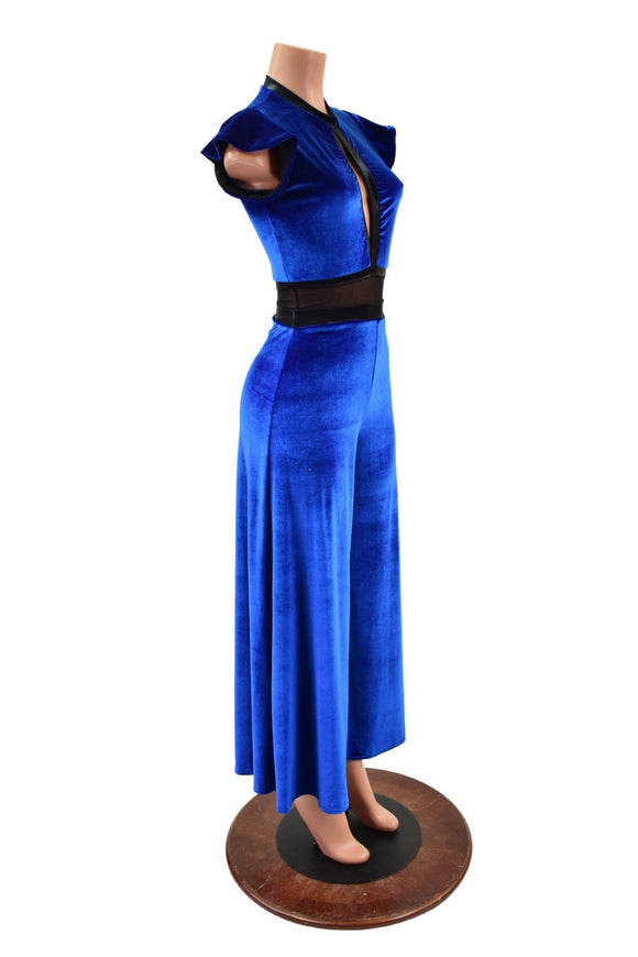 Blue Velvet Wide Leg Jumpsuit with Mesh Waist Panel - Coquetry Clothing