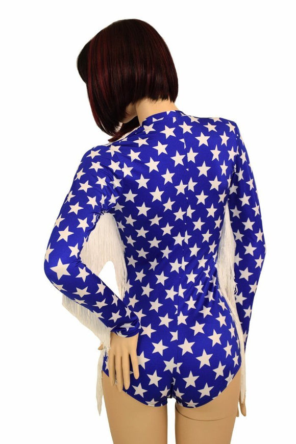 Blue & White Star V Neck Fringe Romper - Coquetry Clothing
