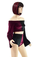 Burgundy & Black Velvet Color Split Off Shoulder Top & Siren Shorts Set - Coquetry Clothing