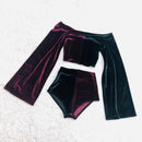 Burgundy & Black Velvet Color Split Off Shoulder Top & Siren Shorts Set - Coquetry Clothing