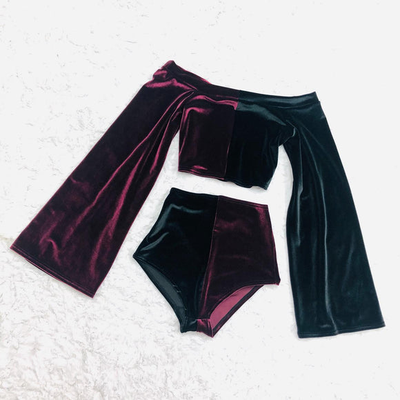 Burgundy & Black Velvet Color Split Off Shoulder Top & Siren Shorts Set - Coquetry Clothing