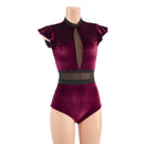 Burgundy Velvet and Mesh Romper with Inset Mesh Keyhole Neckline - Coquetry Clothing
