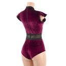 Burgundy Velvet and Mesh Romper with Inset Mesh Keyhole Neckline - Coquetry Clothing