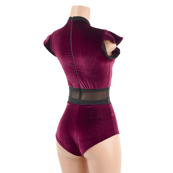 Burgundy Velvet and Mesh Romper with Inset Mesh Keyhole Neckline - Coquetry Clothing