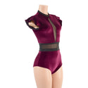 Burgundy Velvet and Mesh Romper with Inset Mesh Keyhole Neckline - 4