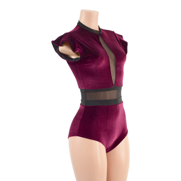Burgundy Velvet and Mesh Romper with Inset Mesh Keyhole Neckline - Coquetry Clothing