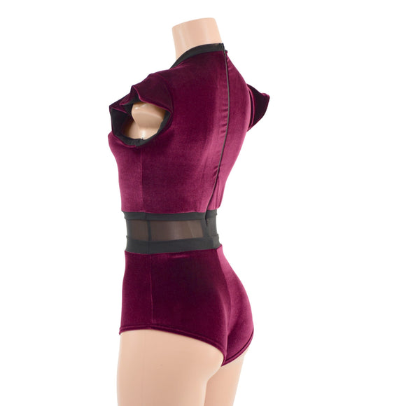Burgundy Velvet and Mesh Romper with Inset Mesh Keyhole Neckline - Coquetry Clothing