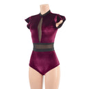 Burgundy Velvet and Mesh Romper with Inset Mesh Keyhole Neckline - Coquetry Clothing