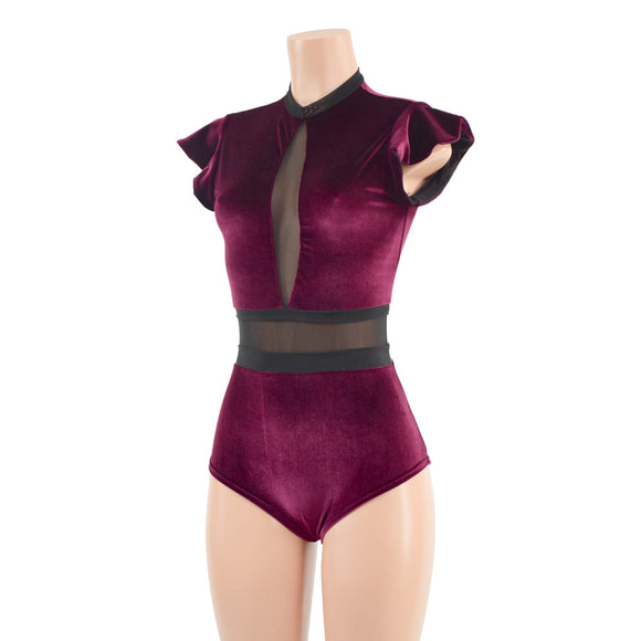 Burgundy Velvet and Mesh Romper with Inset Mesh Keyhole Neckline - Coquetry Clothing