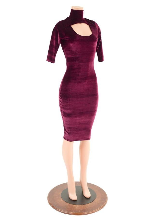 Burgundy Velvet Backless Dress with Window Neckline - 3