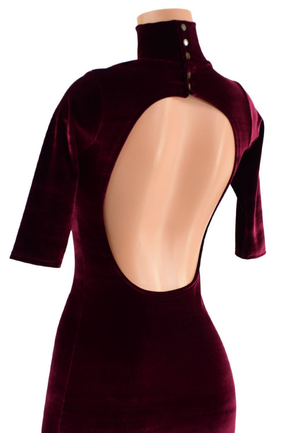 Burgundy Velvet Backless Dress with Window Neckline - Coquetry Clothing