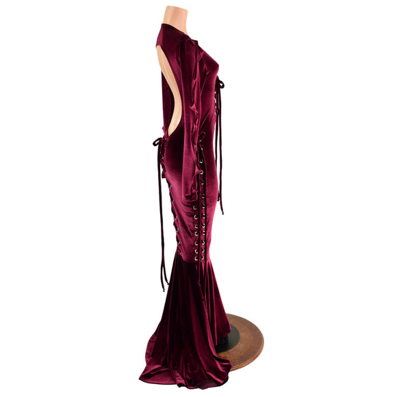Burgundy Velvet Backless Laceup Puddle Train Gown with Spikes - Coquetry Clothing