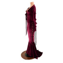 Burgundy Velvet Backless Laceup Puddle Train Gown with Spikes - Coquetry Clothing
