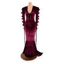 Burgundy Velvet Backless Laceup Puddle Train Gown with Spikes - Coquetry Clothing