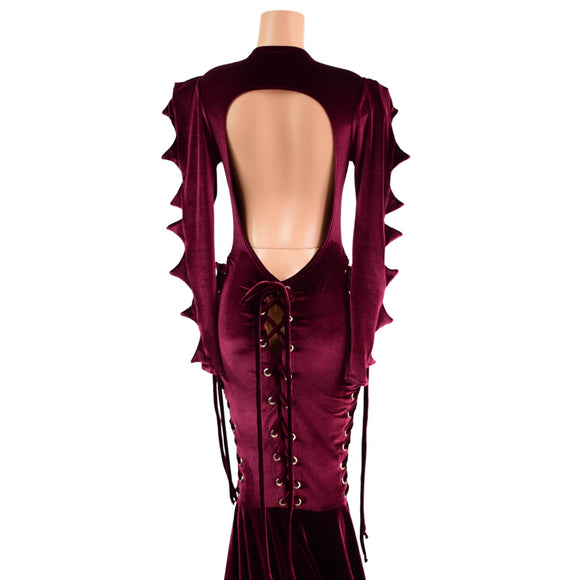 Burgundy Velvet Backless Laceup Puddle Train Gown with Spikes - Coquetry Clothing