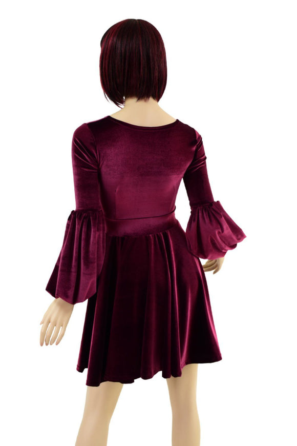 Burgundy Velvet Lantern Sleeve Skater Dress - Coquetry Clothing