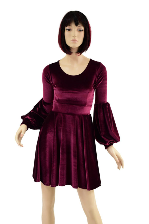 Burgundy Velvet Lantern Sleeve Skater Dress - Coquetry Clothing