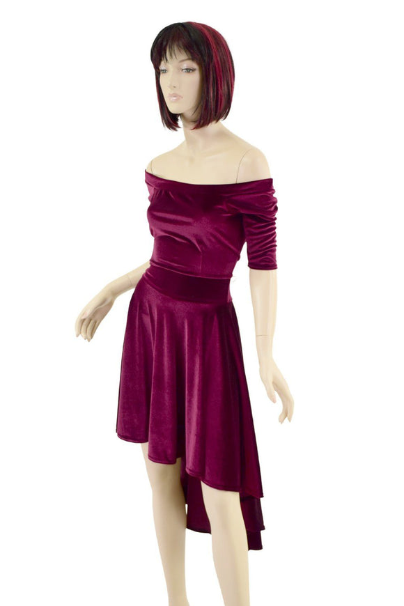Burgundy Velvet Off Shoulder Hi Lo Dress - Coquetry Clothing