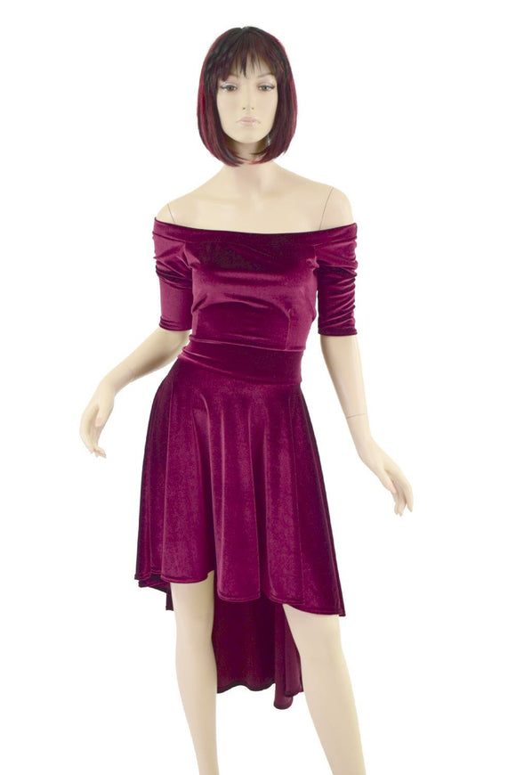Burgundy Velvet Off Shoulder Hi Lo Dress - Coquetry Clothing