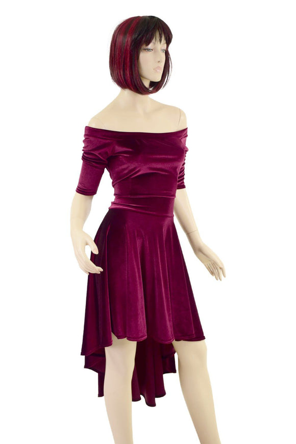 Burgundy Velvet Off Shoulder Hi Lo Dress - Coquetry Clothing